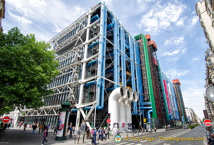 The familiar colour-coded pipes of the Centre Pompidou